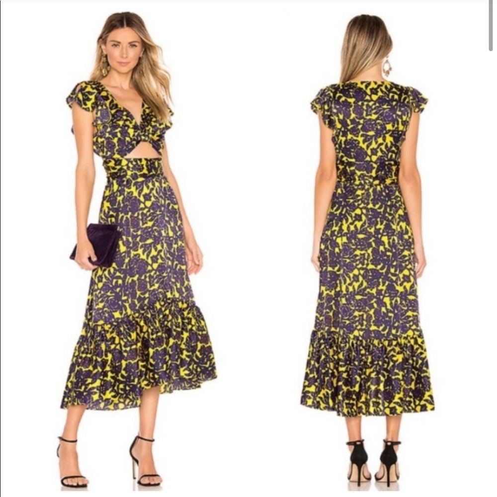 A.L.C. x REVOLVE Valencia Floral Yellow Purple Cutout Ruffle Sleeve Midi Dress